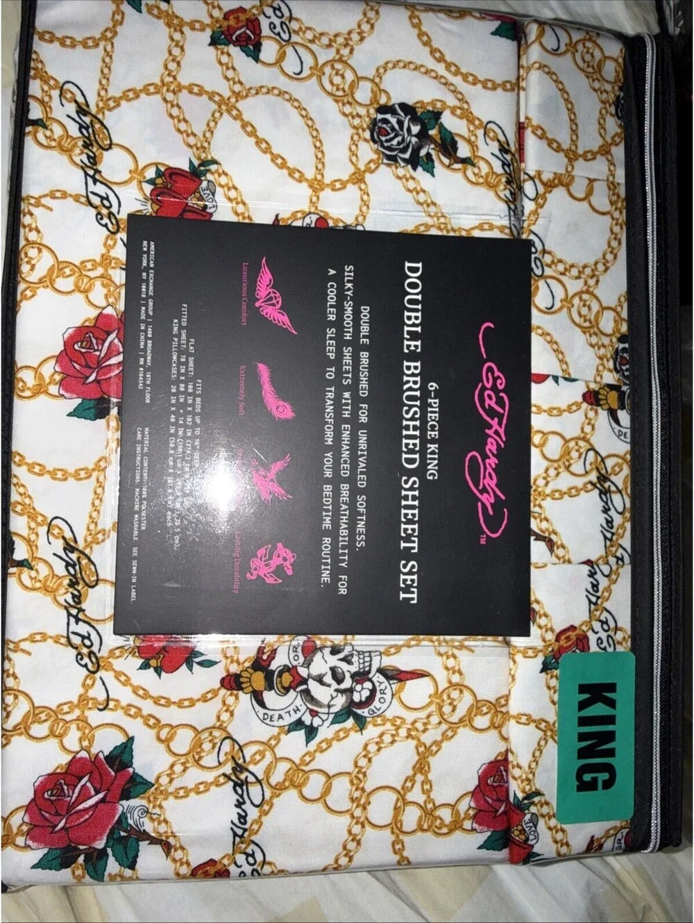 Ed Hardy King 6pc Sheet Set Roses Chains Skull Dagger NWT